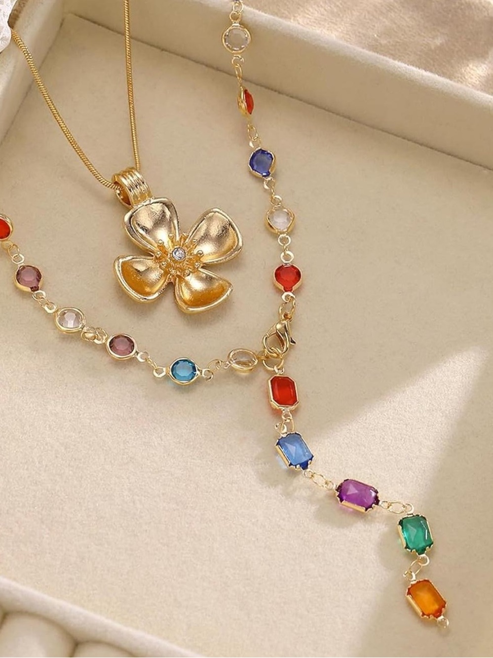 Anthropologie Gold Flower Pendant Necklace with Multi-Color Gem Drops - Picture 2 of 6